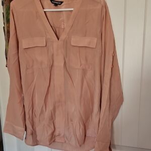 Express Blush V-Neck Blouse. Roll Tab Sleeves Shirt Tail Hem Very Good Condition